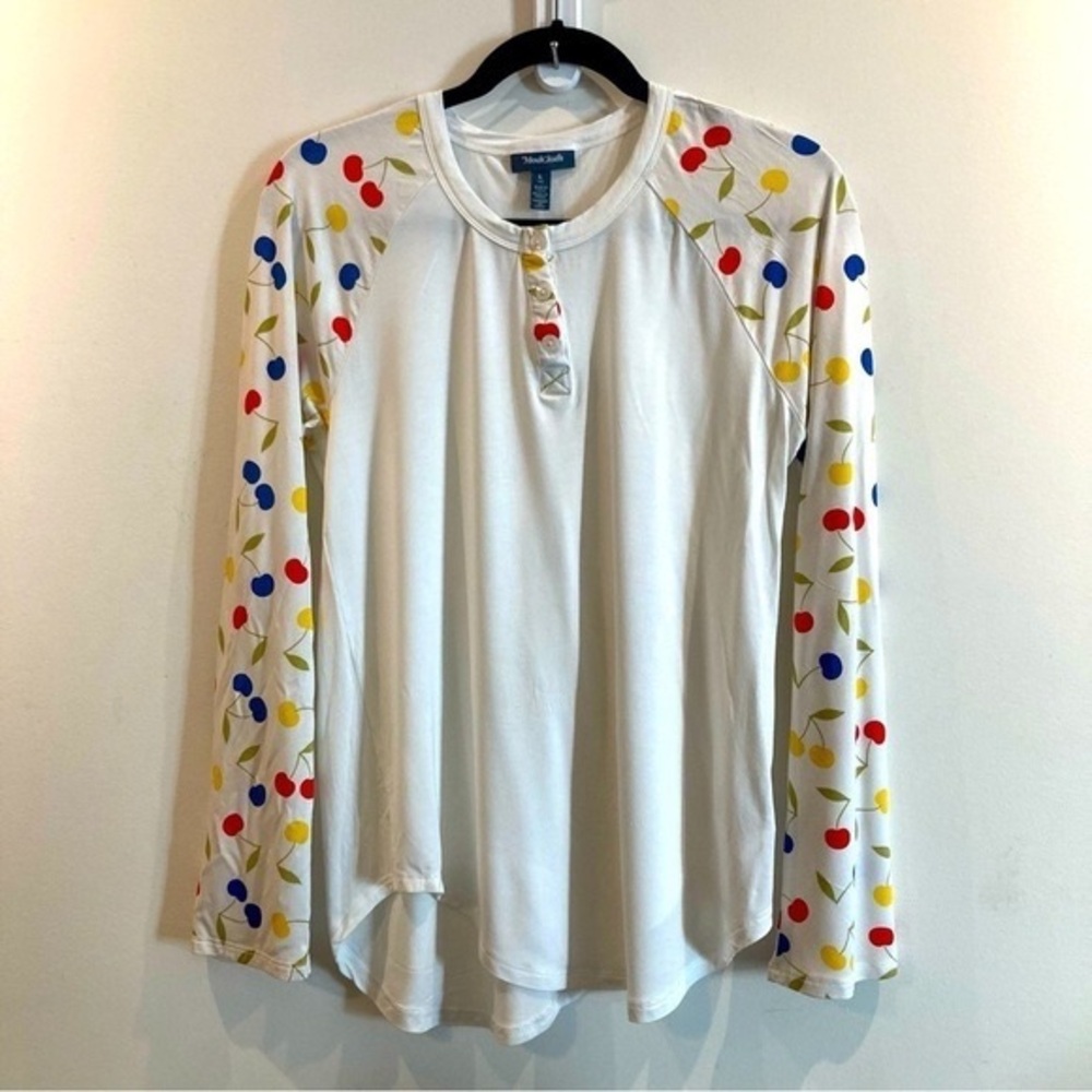 Modcloth White Long-Sleeve Henley with Red, Yellow & Blue Cherry Print Sleeves